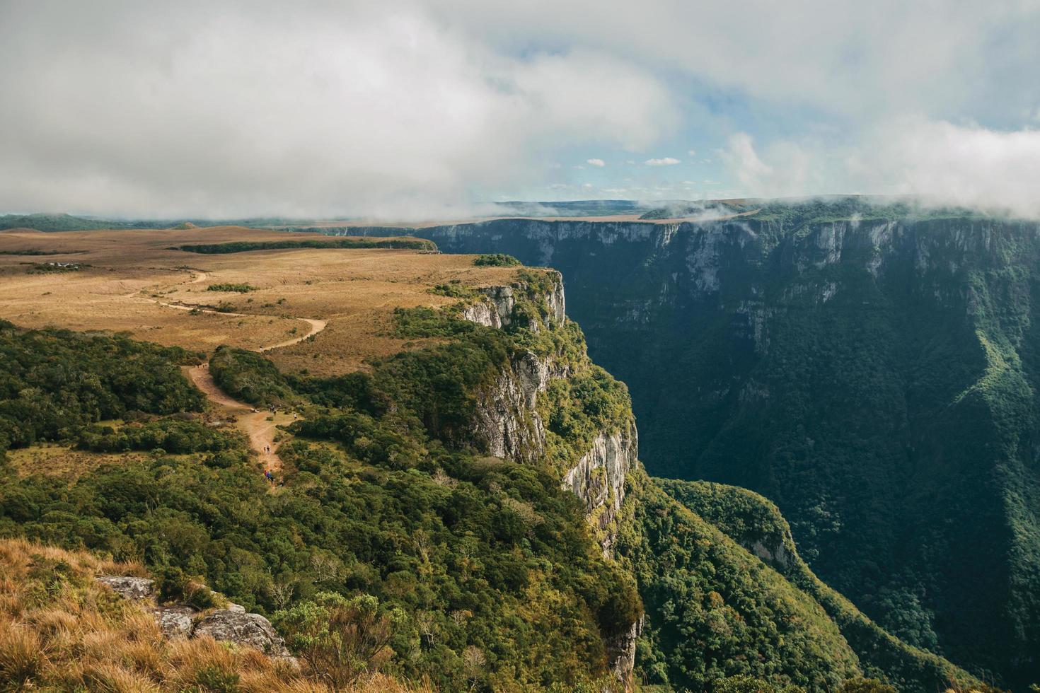 fortaleza canyon geformt durch steile felsige klippen mit wald und flachem plateau, bedeckt von trockenen büschen in der nähe von cambara do sul. eine kleine landstadt im süden brasiliens mit erstaunlichen natürlichen touristenattraktionen. foto