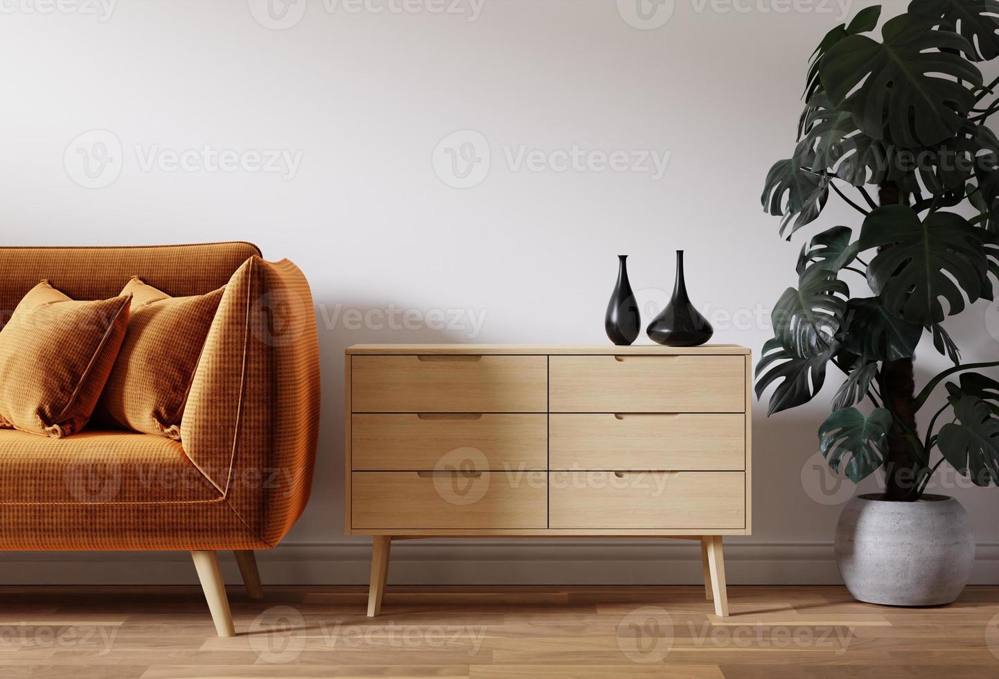 sauberes minimalistisches zimmer mit braunem sofa, holzboden und pflanze. 3D-Rendering foto