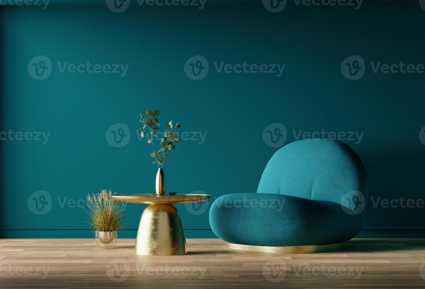 Blaues skandinavisches Wohnzimmer mit blauem Sessel und goldenem Tisch. 3D-Rendering foto