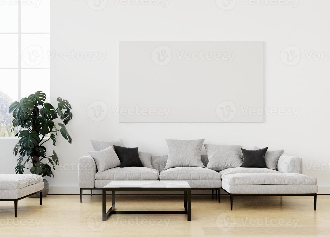 Leinwandrahmen-Fotomodell in sauberem, minimalistischem Zimmer mit braunem Sofa und 3D-Rendering der Pflanze foto