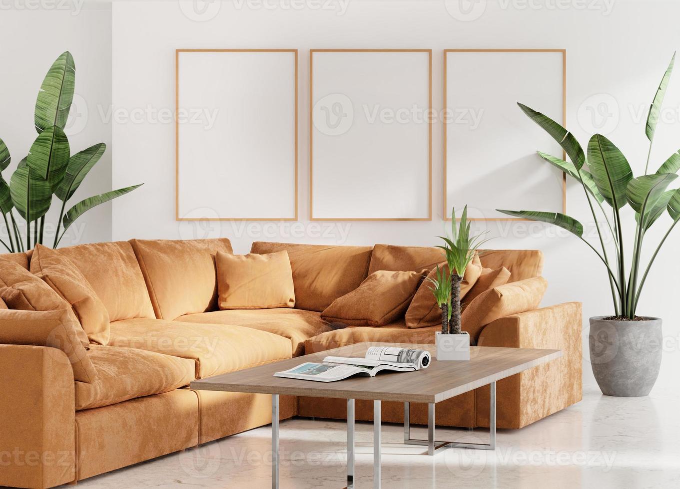 Leinwandrahmen-Fotomodell in sauberem, minimalistischem Zimmer mit braunem Sofa und 3D-Rendering der Pflanze foto