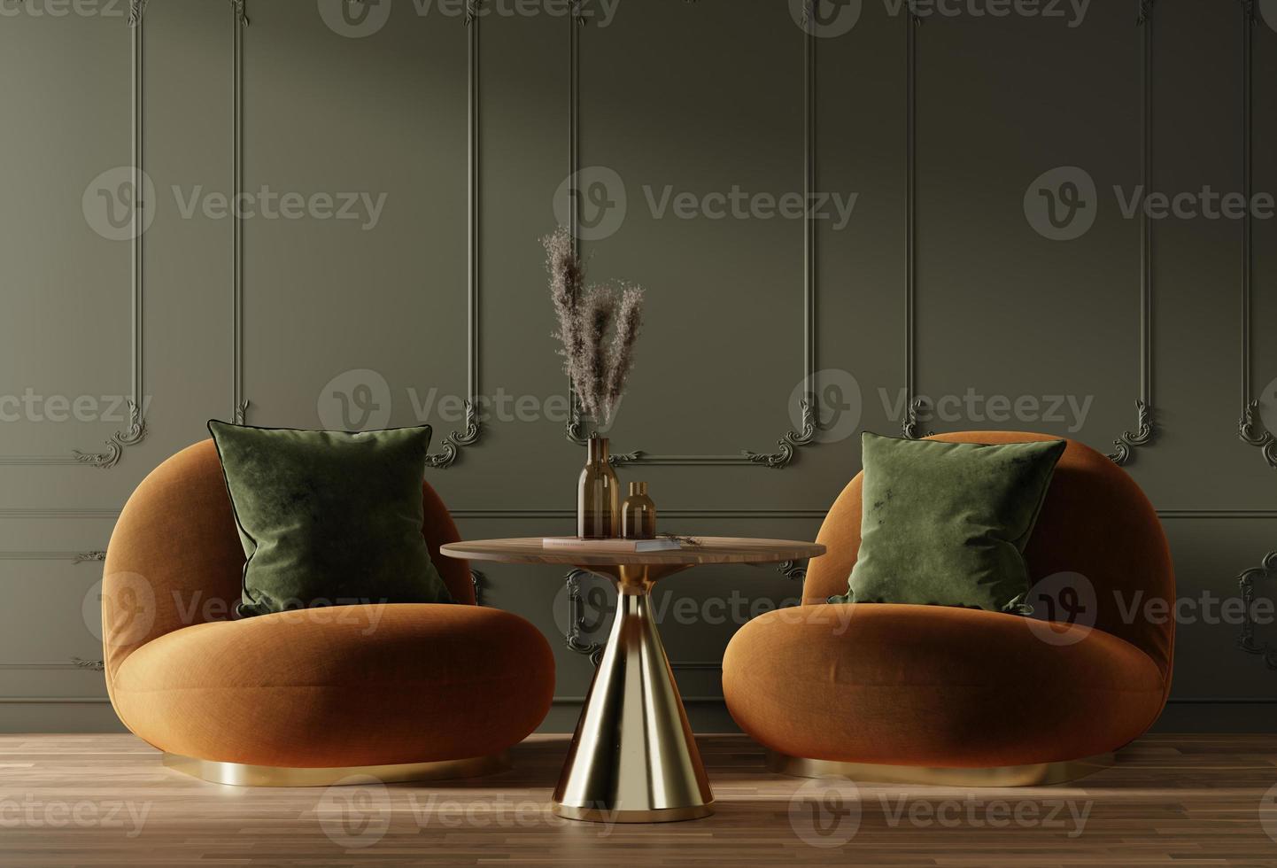 modernes dunkelgrünes Interieur mit brauner Couch und Tisch, 3D-Rendering foto