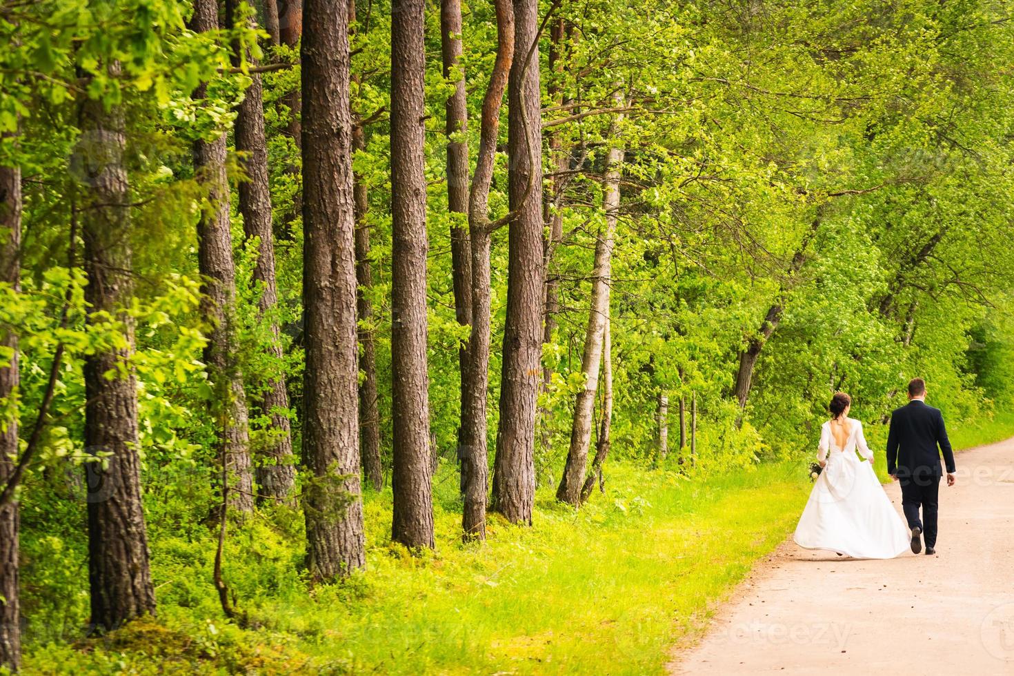 Rückansicht Hochzeitspaare gehen zusammen auf Asphaltstraße im Freien im Frühjahr Natur durch riesige Bäume. Langarm-Ballkleid-Kleiderstil auf Hochzeit im Freien Konzept foto