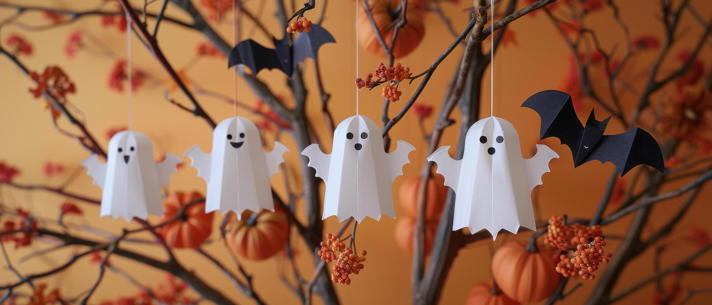 Halloween Dekorationen mit Papier Geister und Fledermäuse hängend auf Geäst mit Kürbisse und Orange Hintergrund foto