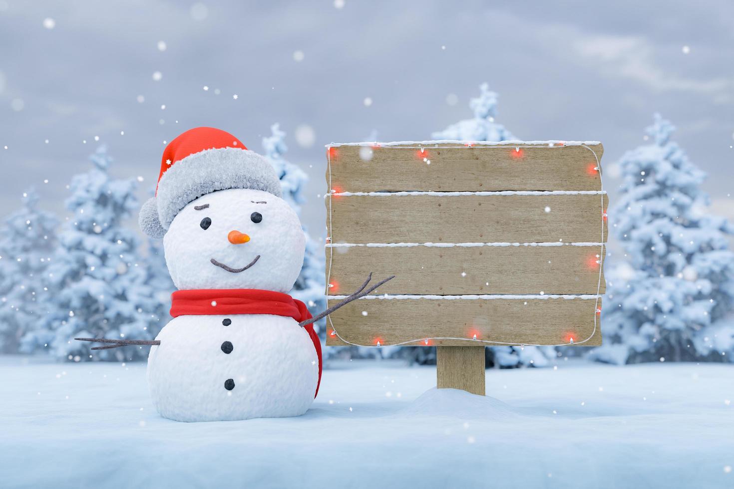 Plakat in einer verschneiten Landschaft mit einem Schneemann foto