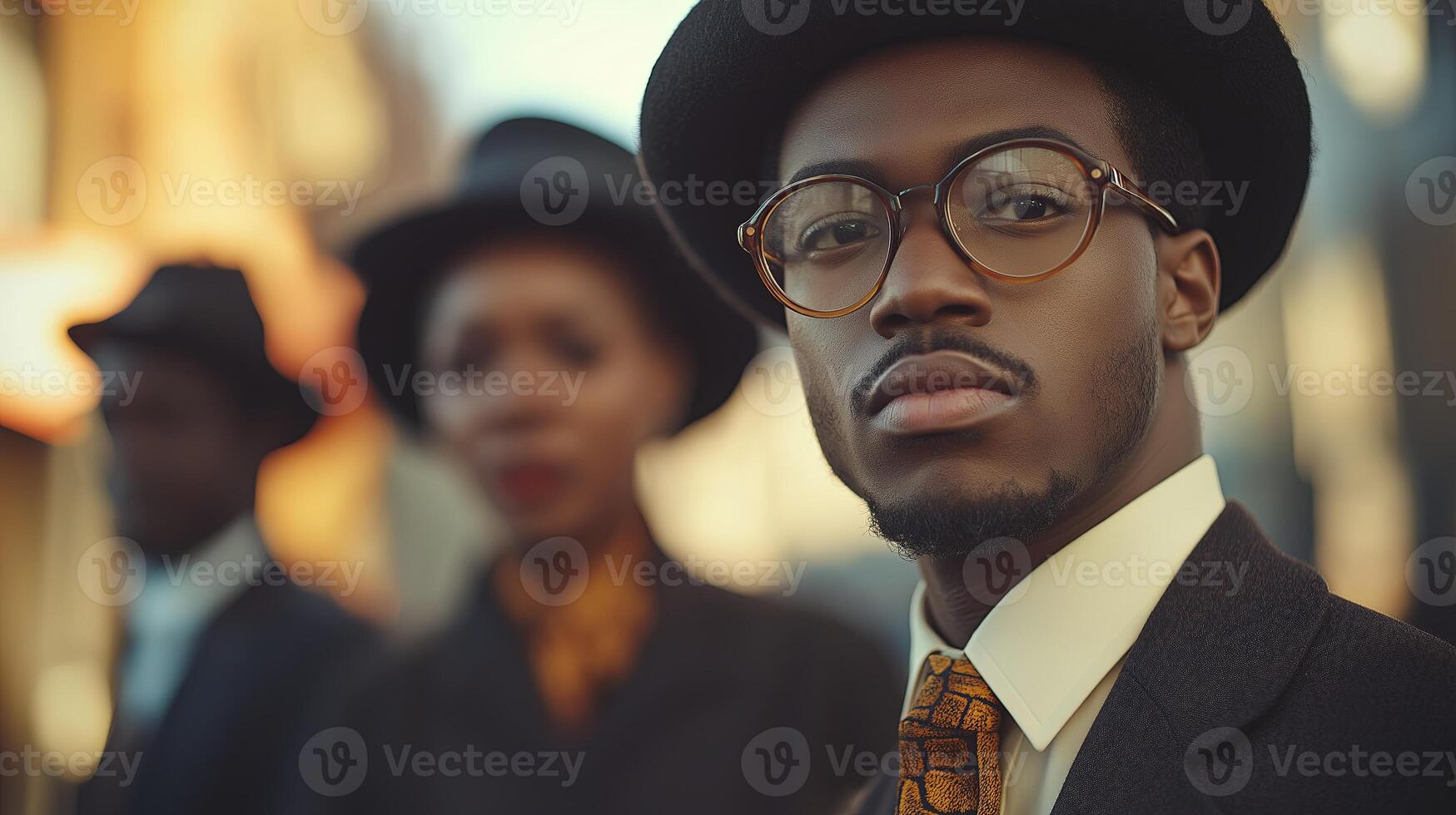 stilvoll afrikanisch amerikanisch Mann im Hut und Brille suchen weg. schwarz Geschichte Monat Feier foto