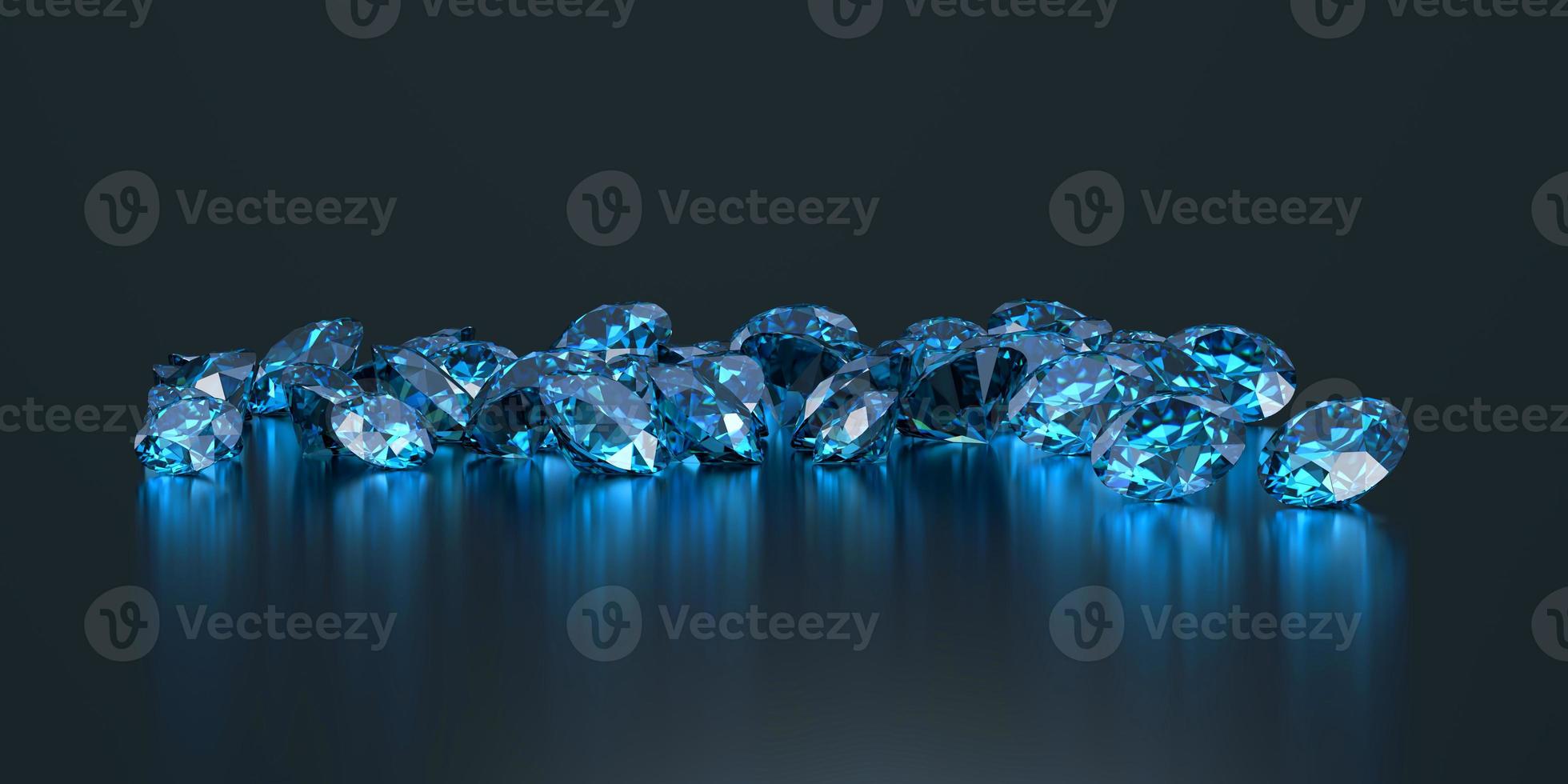 Gruppe von blauen Diamantsaphiren auf glänzendem Hintergrund 3D-Rendering foto