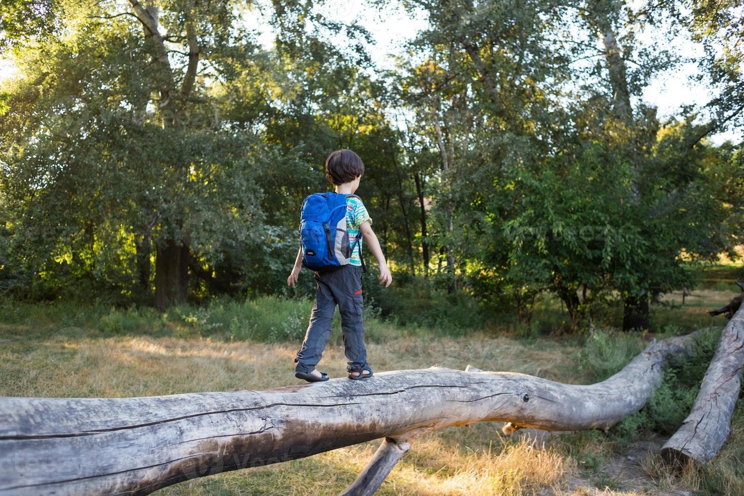 ein Junge mit Rucksack geht am Stamm eines umgestürzten Baumes entlang, ein Kind lernt das Gleichgewicht zu halten foto