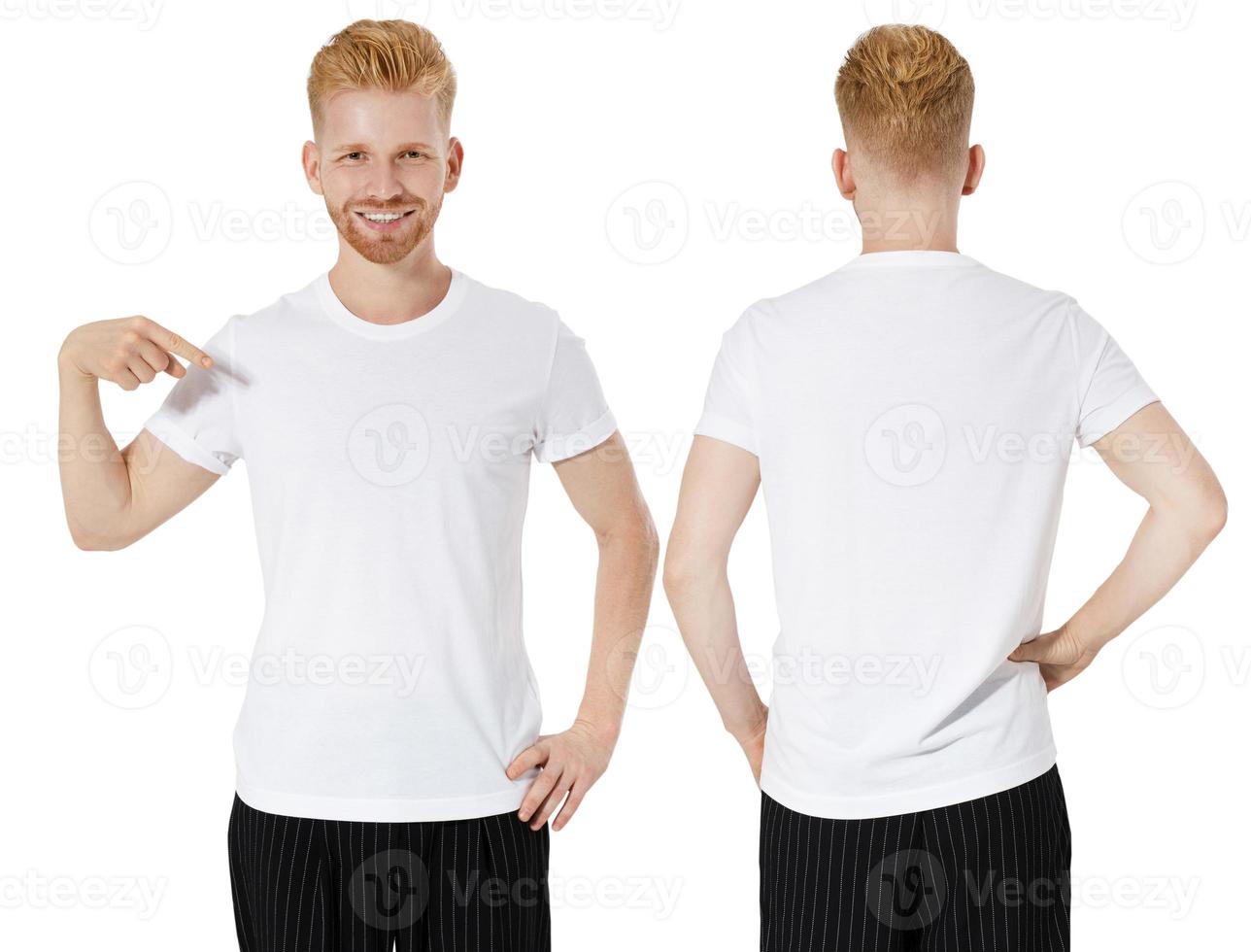 Rothaariger Mann T-Shirt Vorder- und Rückansicht, weißes T-Shirt Mock-Up, leeres T-Shirt für Logo foto