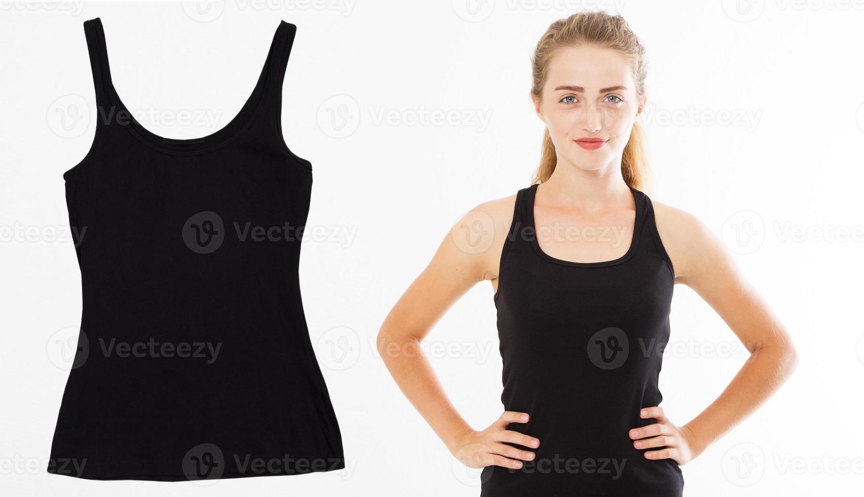 Frau im Tank-Top-Mock-up isoliert auf weißem Hintergrund, Tank-Top hautnah. junge Frau mit schwarzem ärmellosem T-Shirt foto