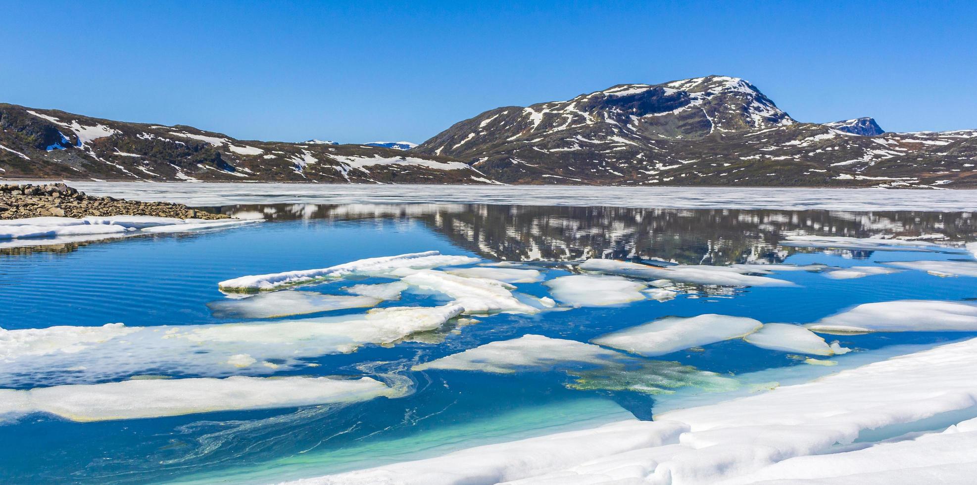 gefrorenes türkisfarbenes see vavatn panorama in der sommerlandschaft hemsedal norwegen. foto