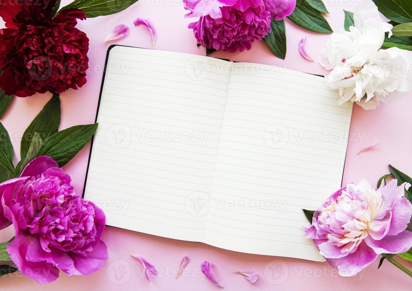 Pfingstrosenblumen und leeres Notizbuch foto