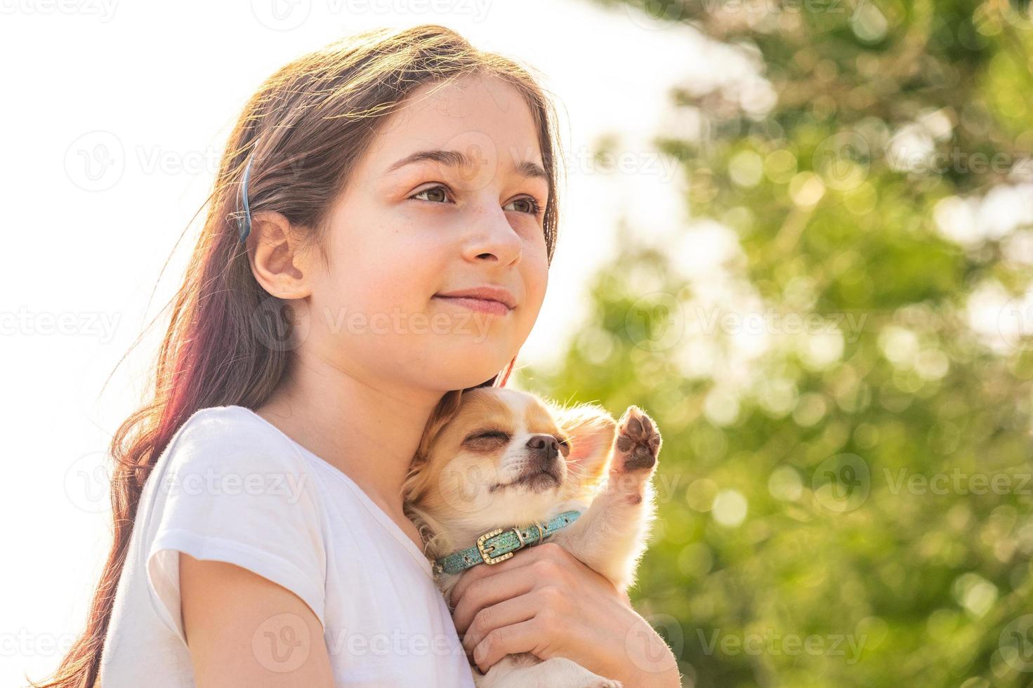 glückliches Teenager-Mädchen mit einem weißen Chihuahua-Hund mit roten Flecken. Mädchen in einem weißen T-Shirt. foto