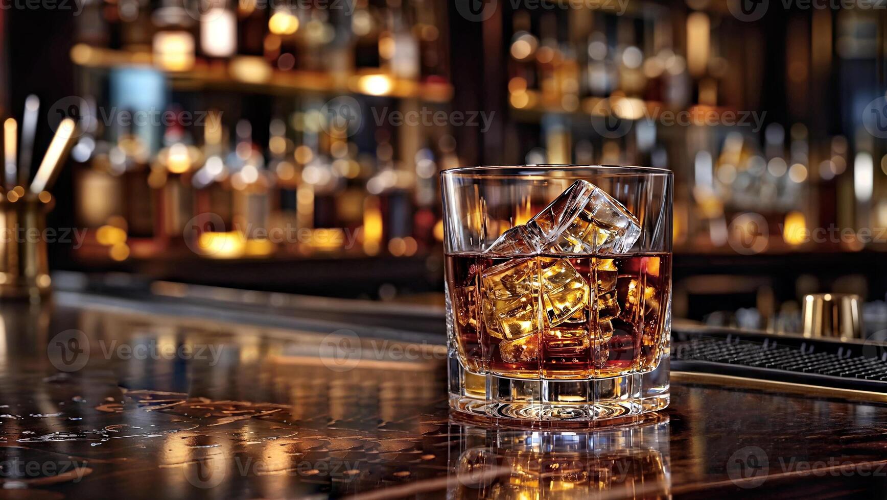 Glas von Whiskey auf Eis im ein 5 Star Hotel Bar im Neu York beim Nacht foto