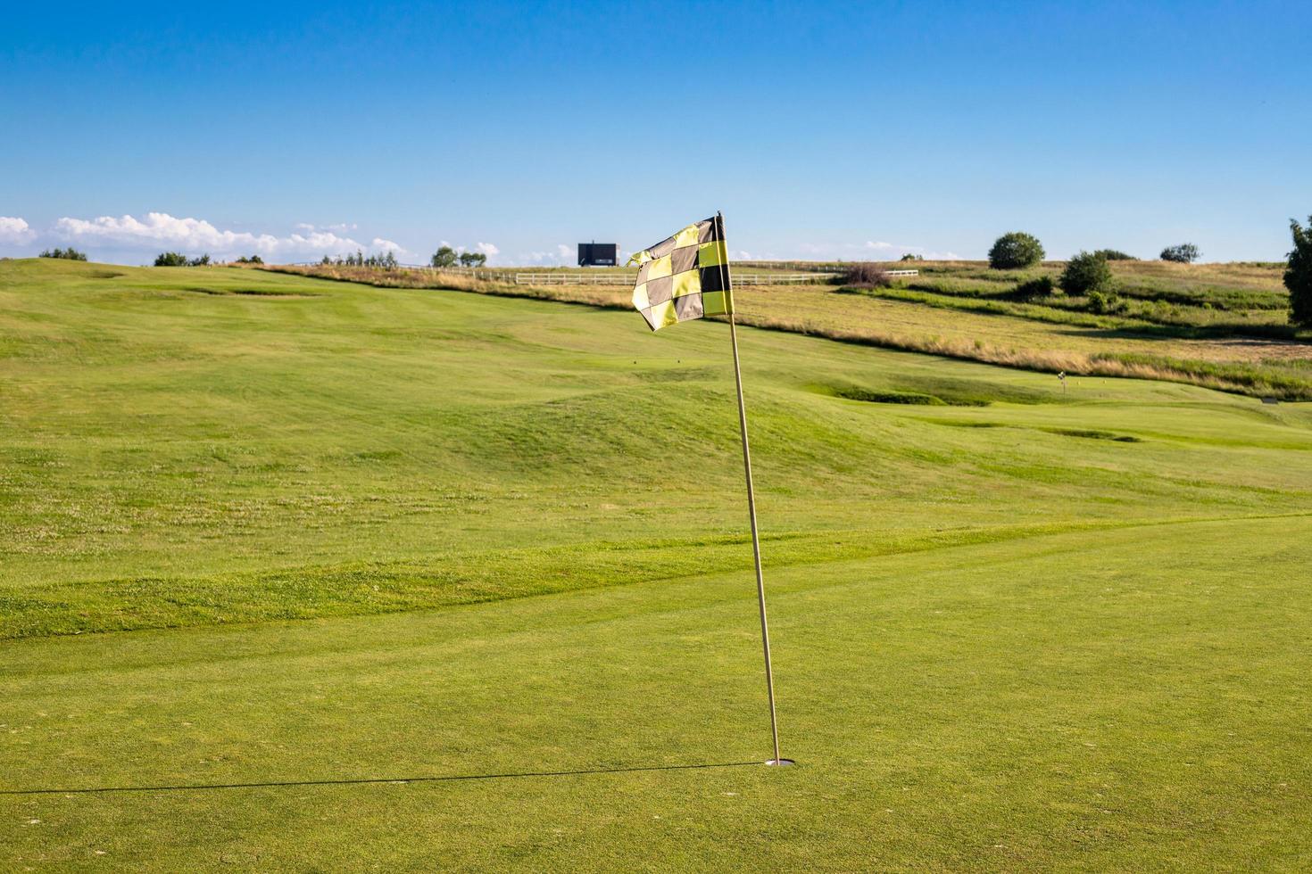 eine karierte Flagge auf einem Golfplatz, die ein Loch anzeigt foto