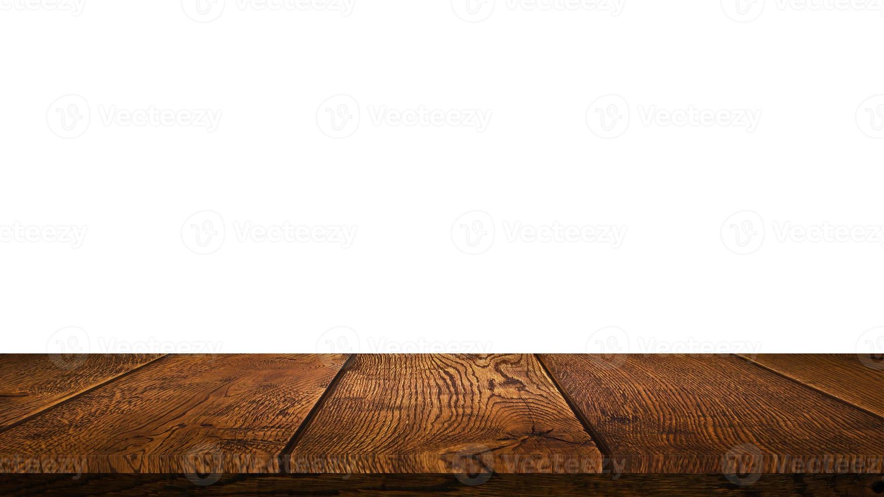 Vorderansicht des Holztischs mit leerem weißem Hintergrund für die Produktanzeige. foto