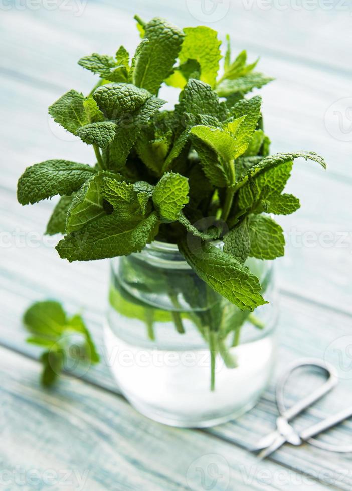 frische Minzblätter in einem kleinen Glas foto