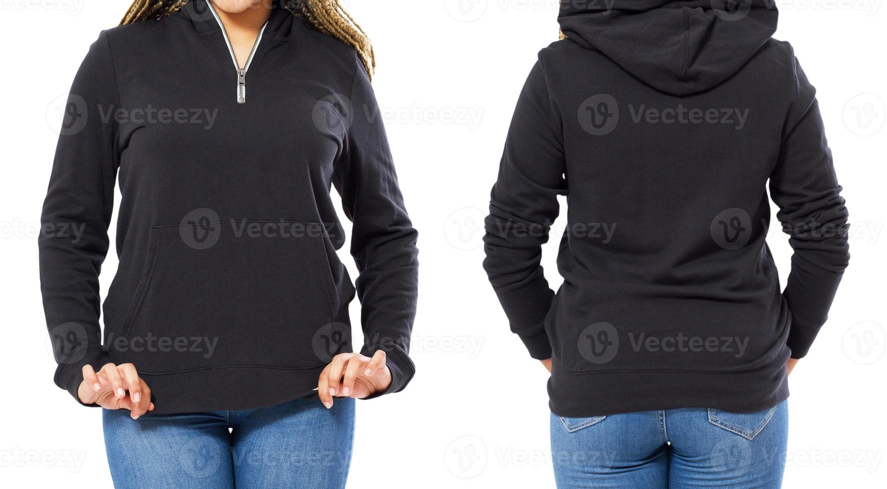 Nahaufnahme Hoodie schwarz Mock-up isoliert auf weißem Hintergrund - schwarzes Sweatshirt, Frau im leeren Pullover für Logo foto