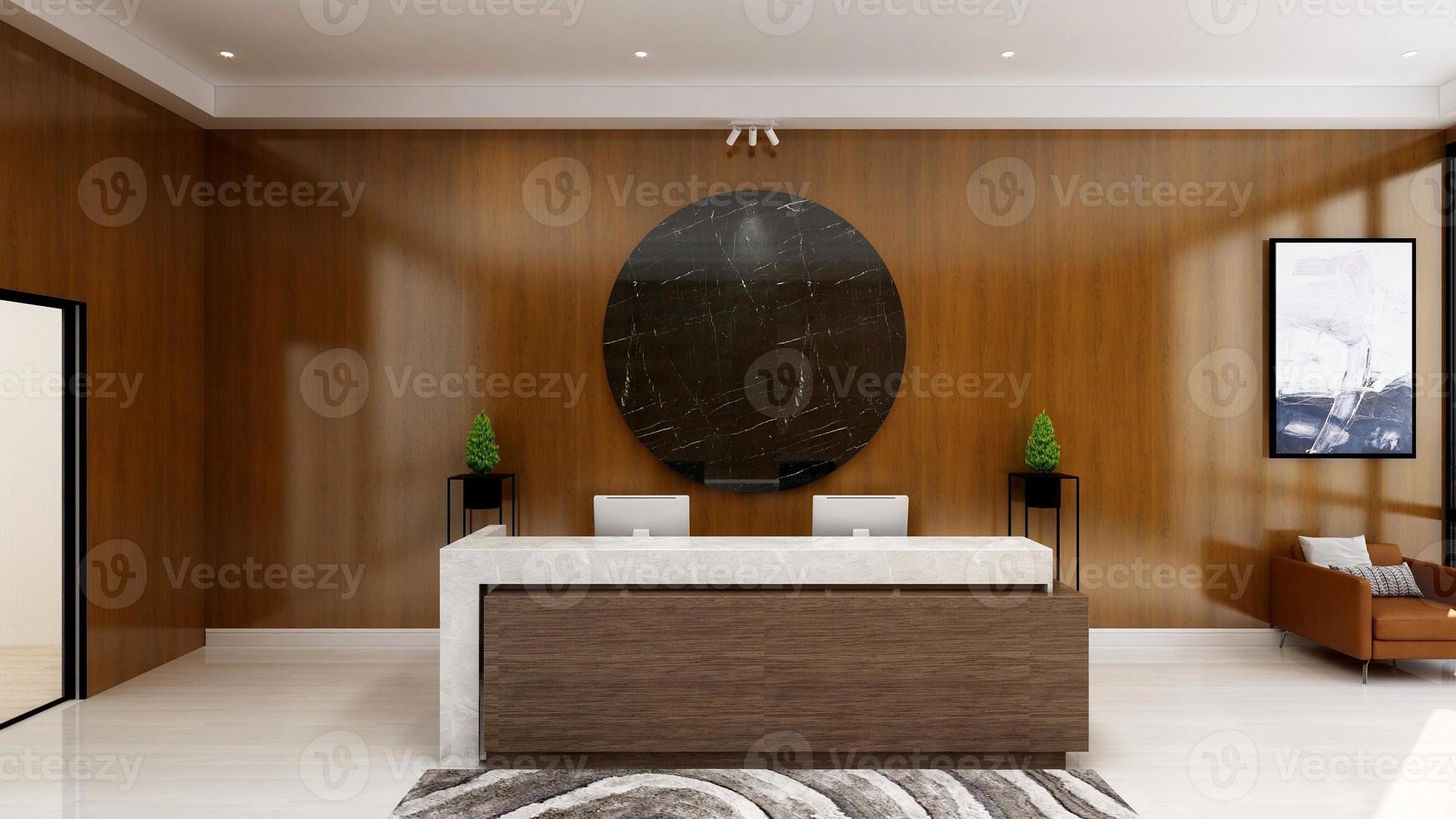 3D-Rendering modernes Business-Office-Manager-Zimmer mit 3D-Design-Interieur für Firmenwand-Logo-Mockup foto