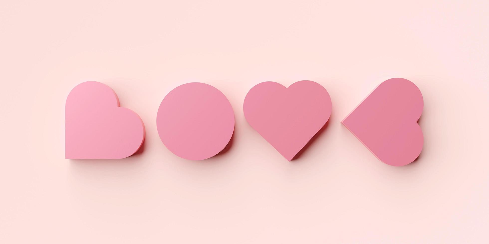 3D-Darstellung der Herzform arrangiert zum Wort Liebe, Bannerplakat für den Valentinstag foto
