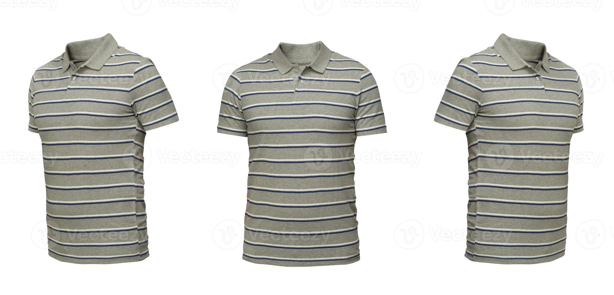 graues Poloshirt mit Streifen. Shirt-Vorderansicht drei Positionen auf weißem Hintergrund foto