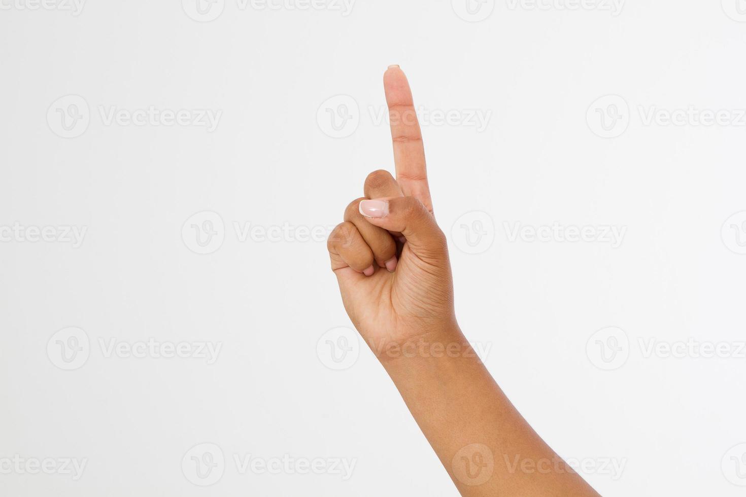 Fingerpunkt isoliert weißer Hintergrund. afroamerikanische Hand. Attrappe, Lehrmodell, Simulation. Platz kopieren. Schablone. leer. foto