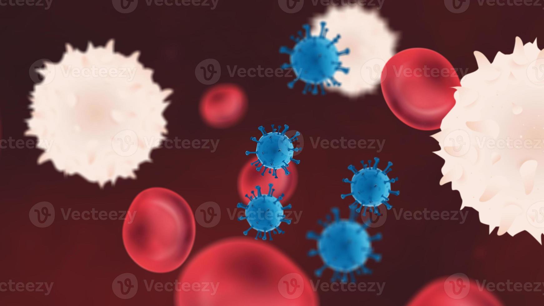 Viruspartikel im Blutkreislauf mit roten und weißen Blutkörperchen foto