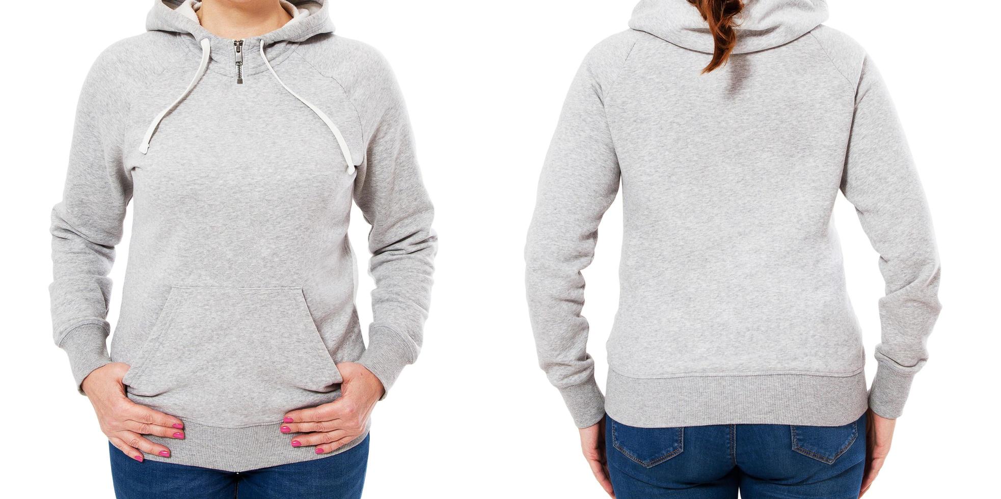 leeres graues sweatshirt-mock-up-set isoliert, vorder- und rückansicht. frau trägt graues hoodie-modell. schlichte Hoody-Design-Präsentation. textilgraues lockeres Gesamtmodell. Pullover zum Drucken foto