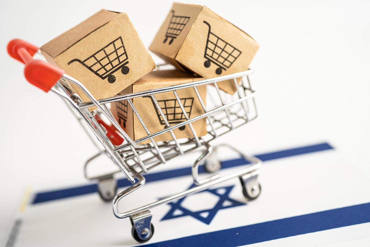 Box mit Warenkorb-Logo und Israel-Flagge, Import-Export-Shopping online oder E-Commerce-Finanz-Lieferservice-Shop Produktversand, Handel, Lieferantenkonzept. foto