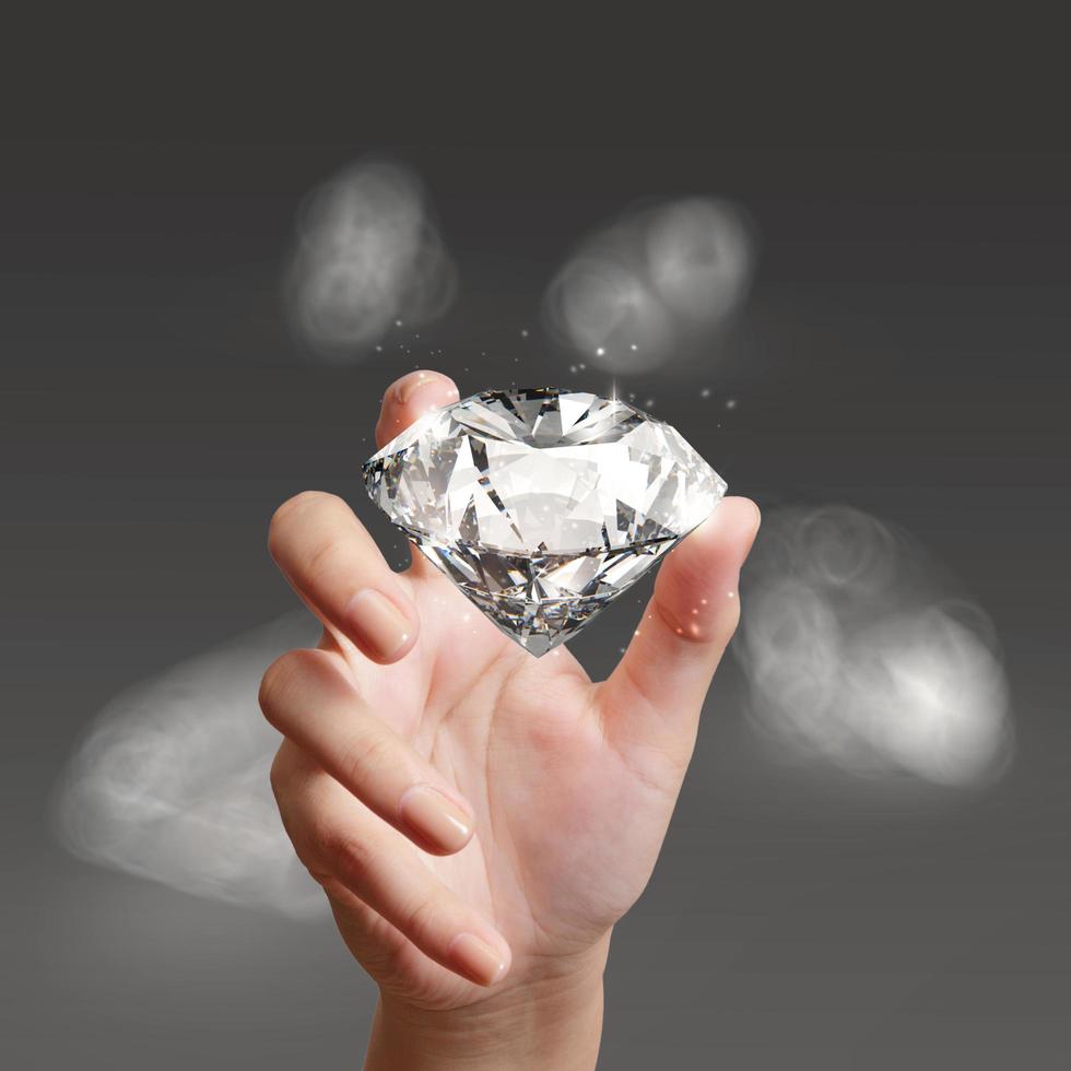 Hand, die 3D-Diamanten auf grauem Hintergrund hält foto