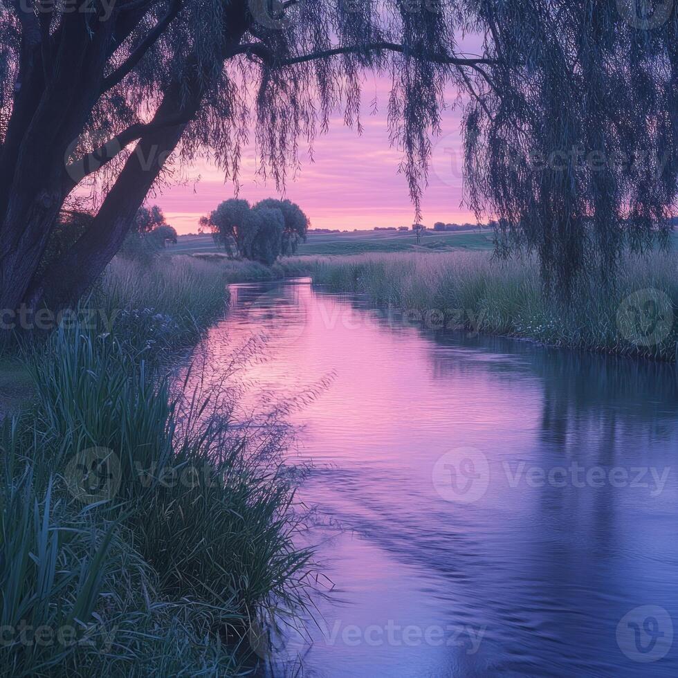 ein heiter Fluss Wicklung durch ein Wiese beim Sonnenuntergang foto