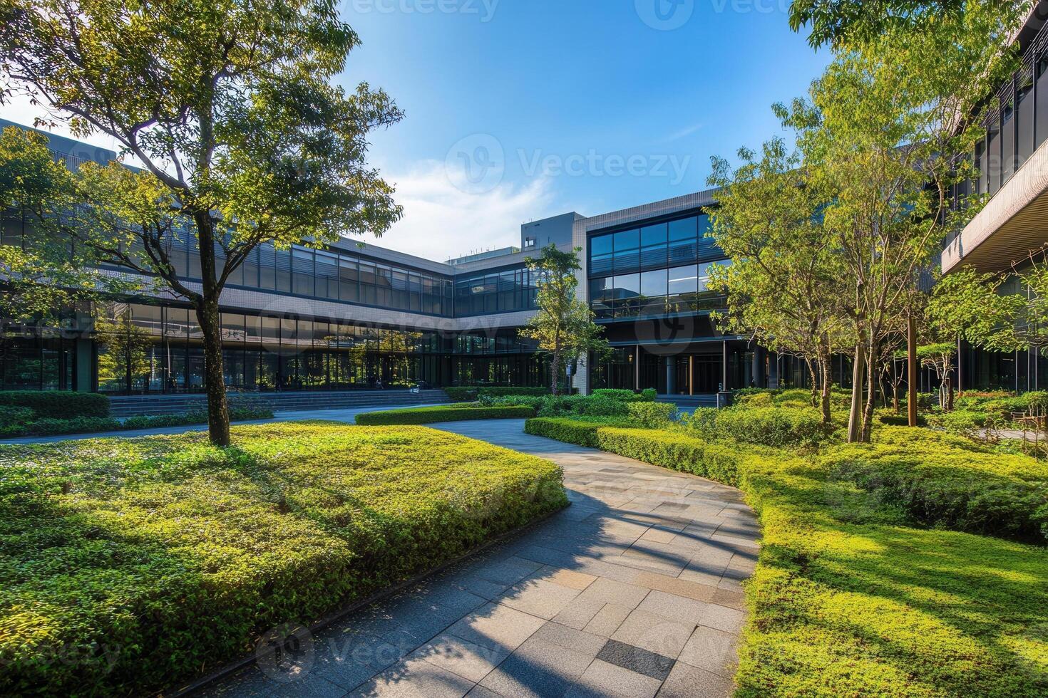 modern Büro Gebäude mit ein landschaftlich gestaltet Hof. foto