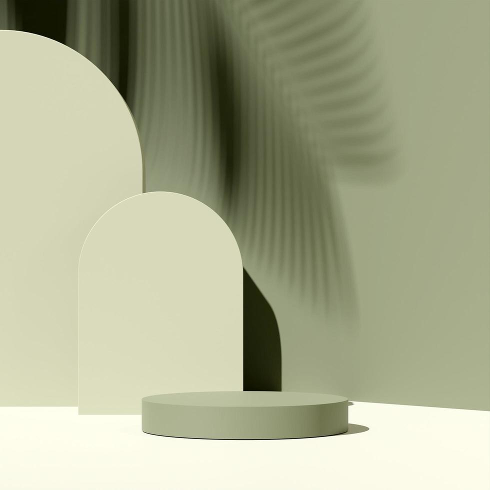 3D-Darstellung, die das Bild der geometrischen Form des leeren Raummodellpodiums und der grünen Natur für die Produktpräsentation rendert foto