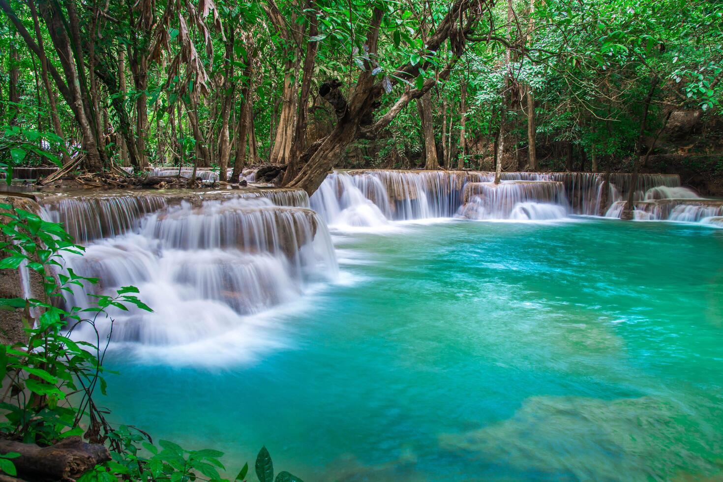 Schöner Wasserfall und grüner Waldruheplatz und Zeit zum Entspannen foto