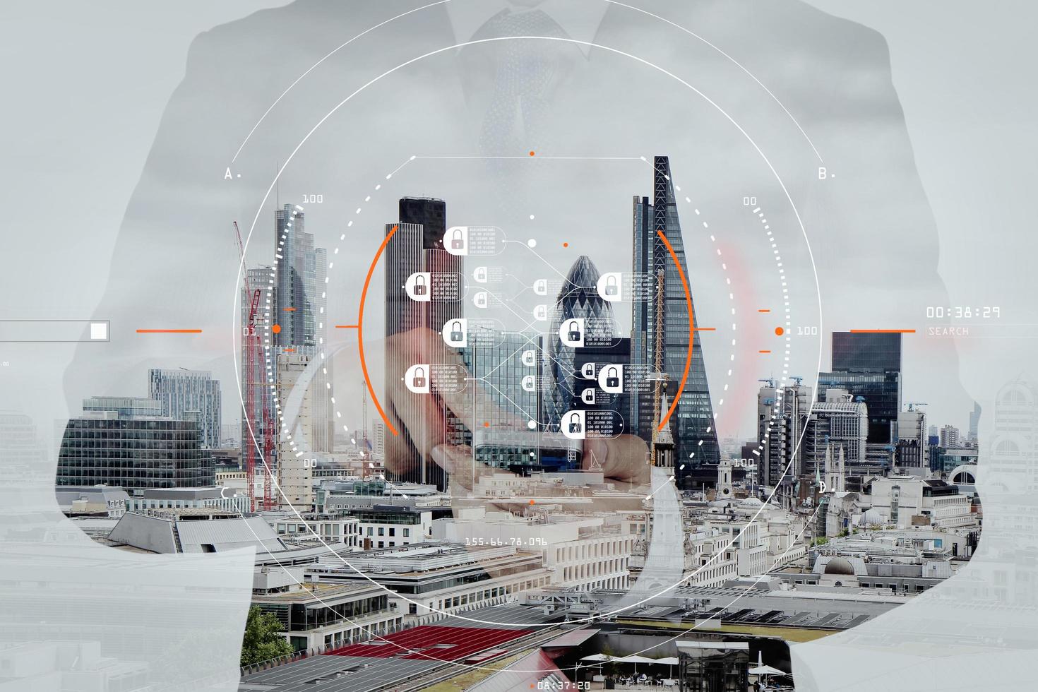 Doppelbelichtung des Erfolgsgeschäftsmannes mit Smartphone und Social-Media-Diagramm mit unscharfem Hintergrund der Stadt London foto