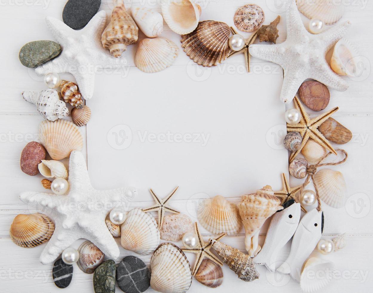 Muscheln, Seesterne und eine leere Postkarte foto