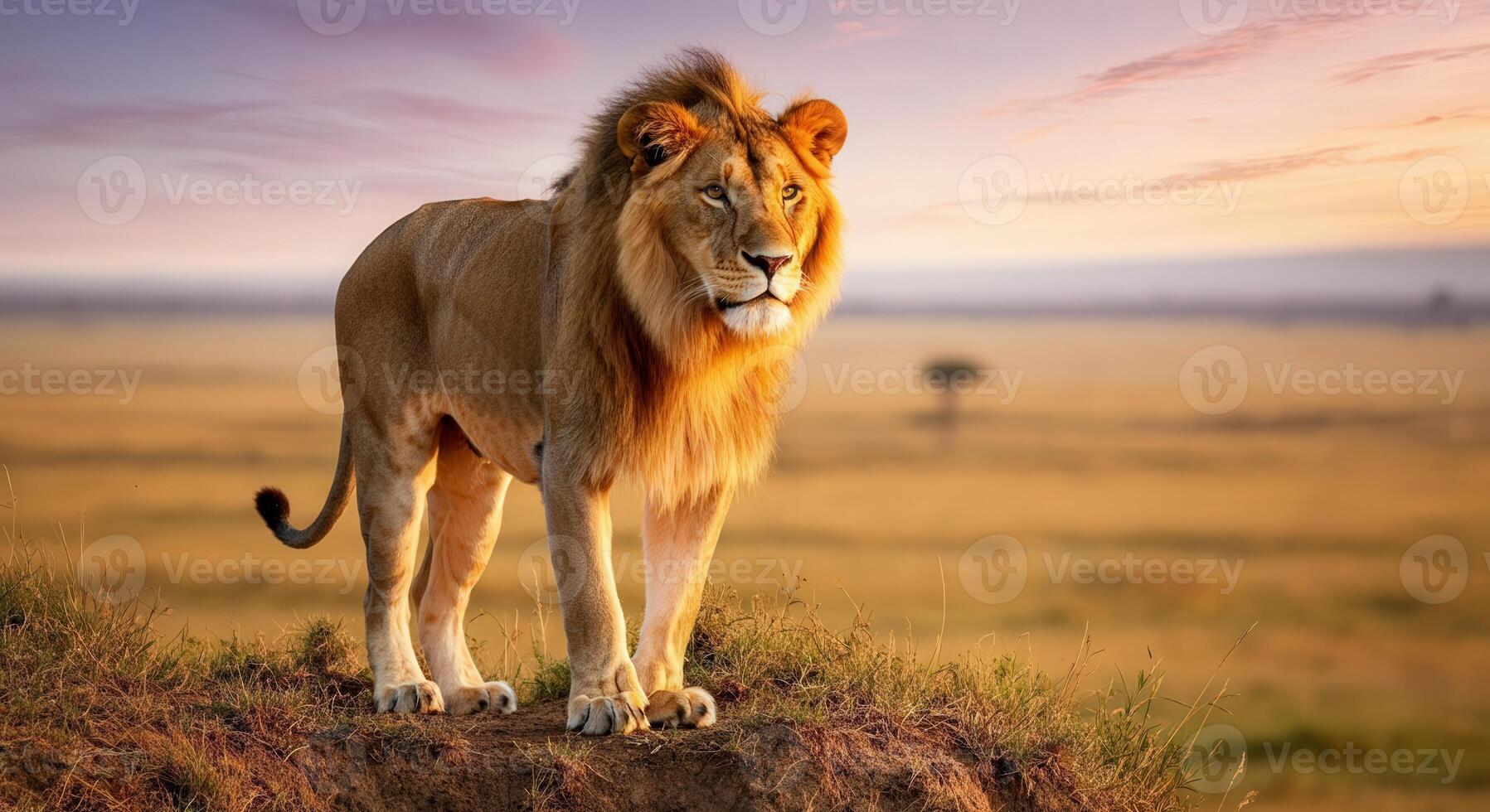 majestätisch Löwe im afrikanisch Savanne beim Sonnenuntergang zum Tierwelt Erhaltung Konzepte foto