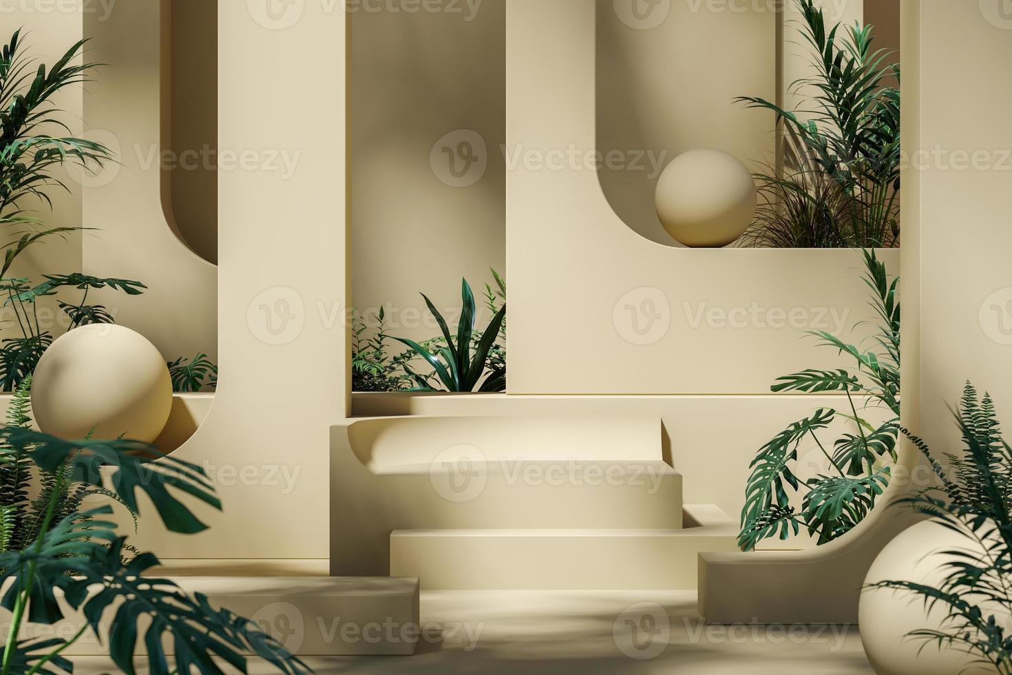 abstrakte mockup-szene, beige bogenwandplattform und tropische pflanzen. 3D-Rendering foto