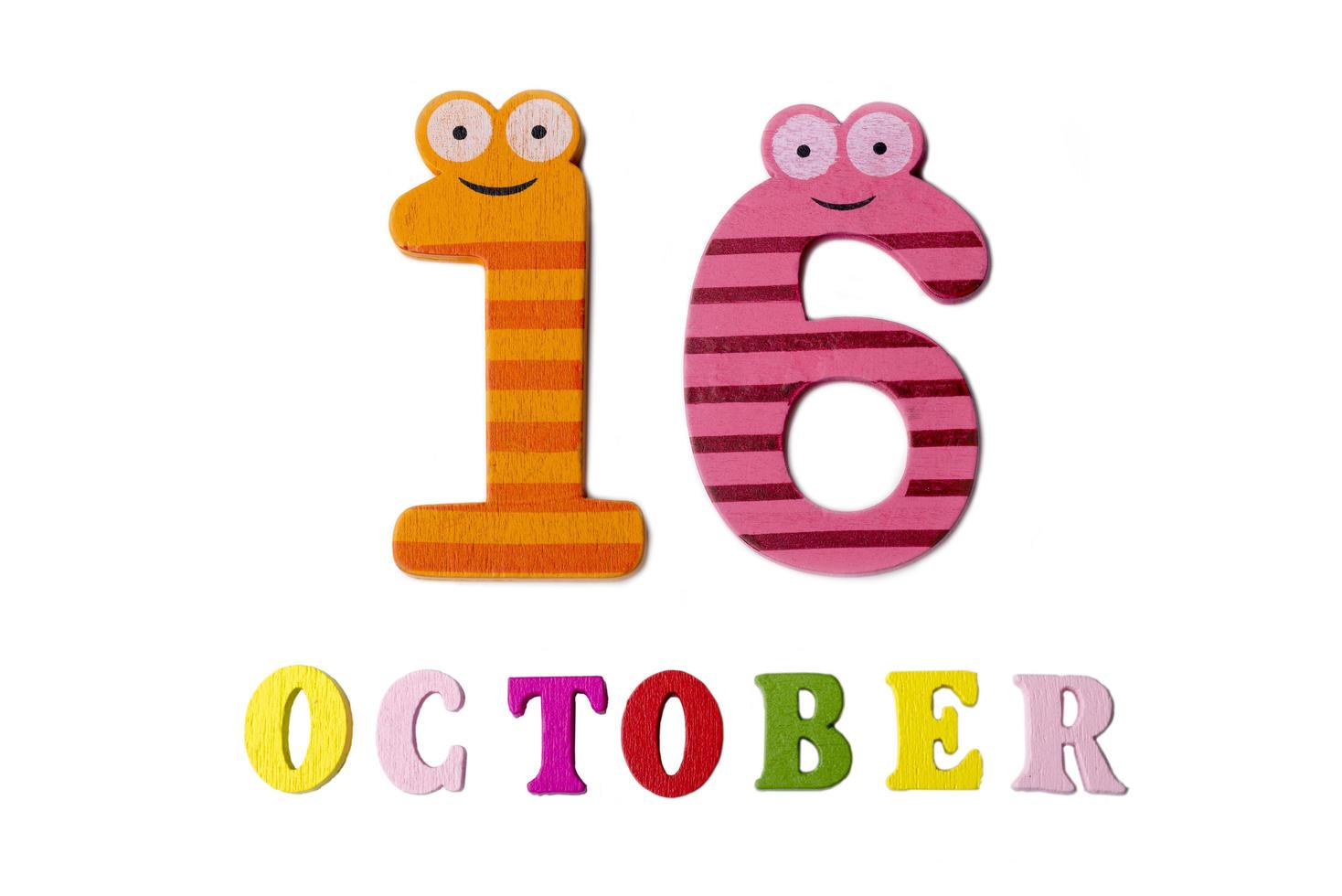 16. Oktober auf weißem Hintergrund, Zahlen und Buchstaben. foto