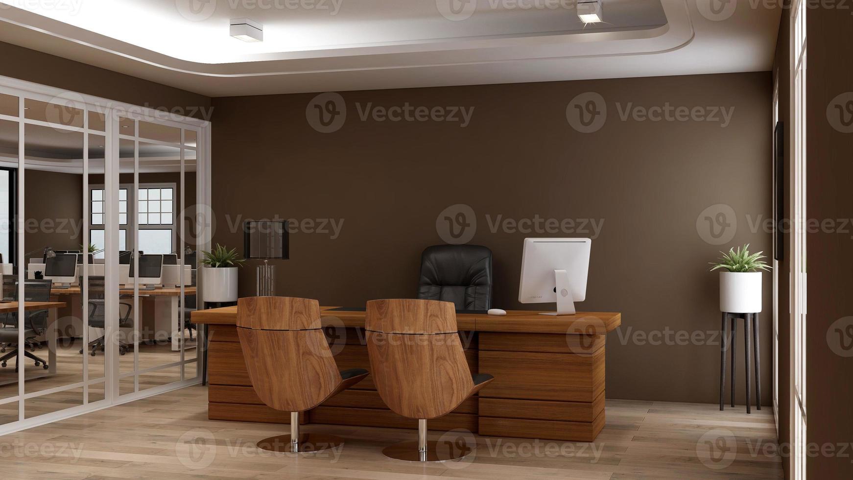 3D-Render moderner Business Office Manager-Raum mit 3D-Design-Interieur für Firmenwand-Logo-Mockup foto