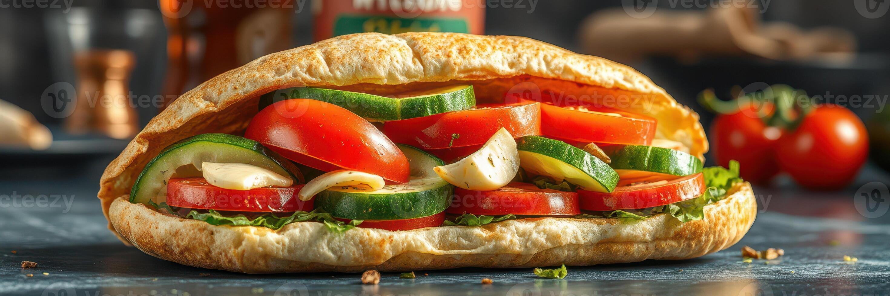 frisch Gemüse Pita-Brot Sandwich gefüllt mit Tomaten, Gurken, und Kräuter auf ein Blau Küche Oberfläche foto