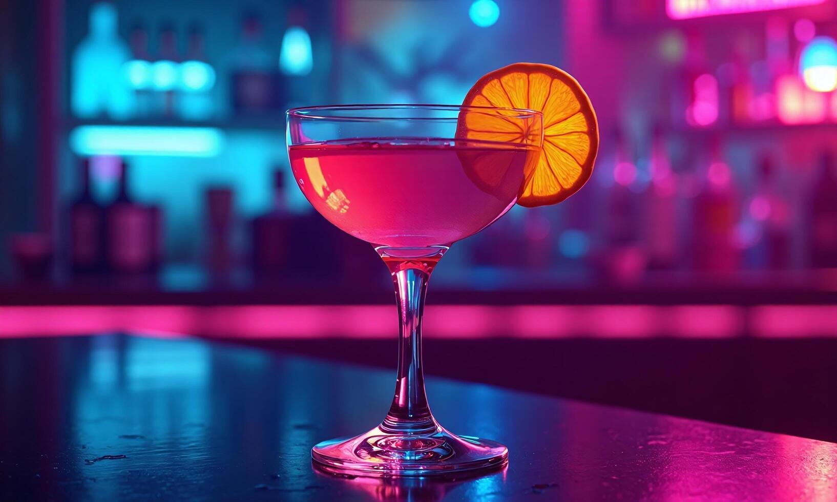 Neon- Cocktail Glas Cyberpunk Bar Szene glühend Orange foto