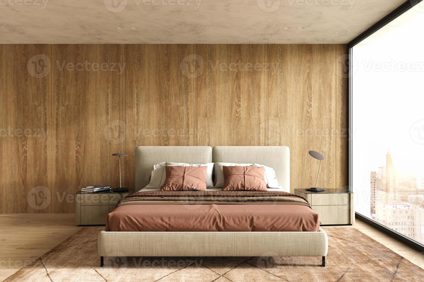 Modernes Schlafzimmer-Innendesign im skandinavischen und japanischen Stil mit Bett in Terrakotta-Farbe, Holzpaneelen an Wand und Boden. 3D-Darstellung. foto