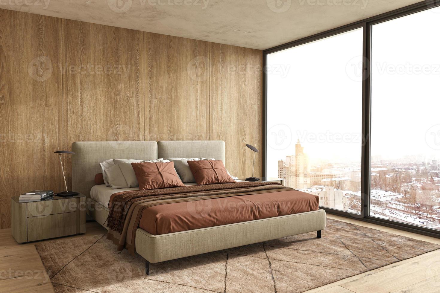 Modernes Schlafzimmer-Innendesign im skandinavischen und japanischen Stil mit Bett in Terrakotta-Farbe, Holzpaneelen an Wand und Boden. 3D-Darstellung. foto
