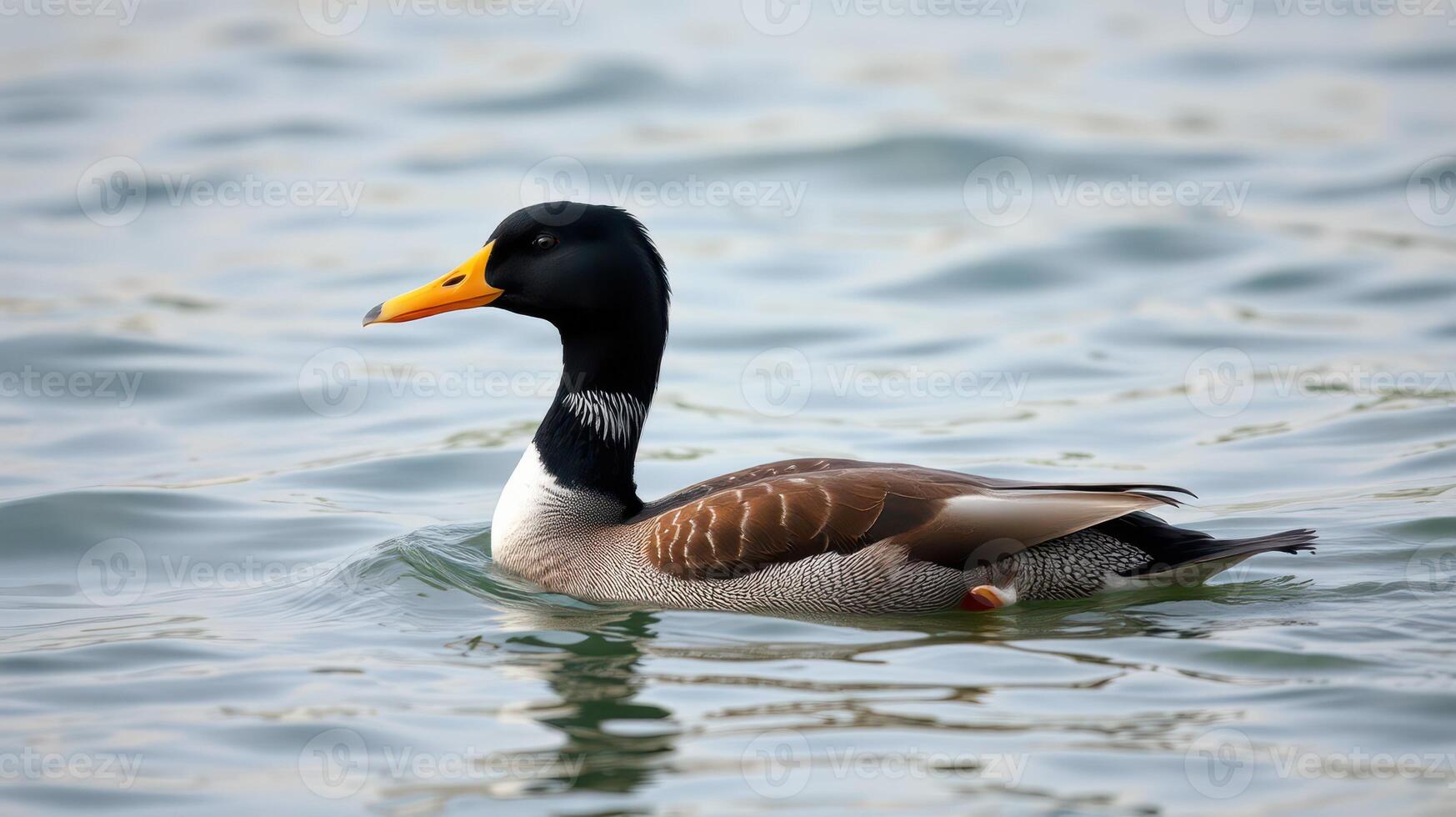 Ente Schwimmen ruhig über ein heiter See im das früh Morgen Licht, umgeben durch plätschern Wasser foto