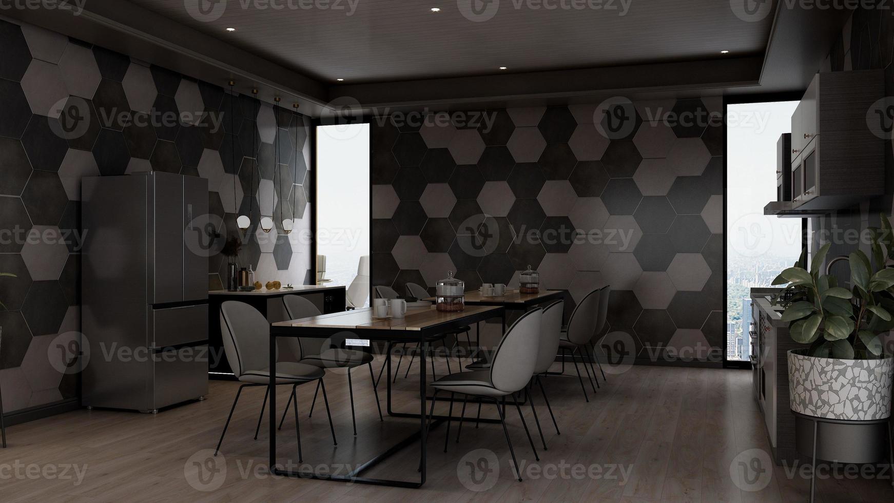 3D-Darstellung einer minimalistischen Speisekammer im Büro - Innenarchitektur-Küchenbar-Konzept foto