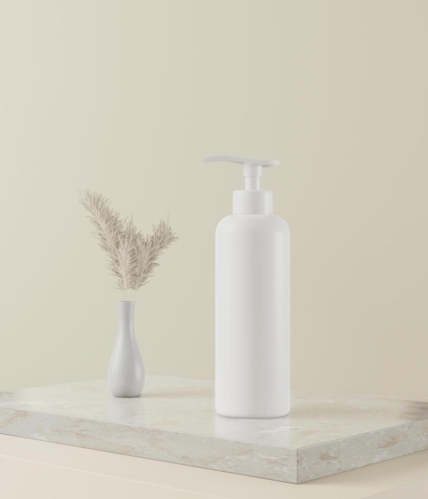 Ein Mock-up einer realistischen weißen leeren Flasche mit sauberer Körperlotion, die auf hellem Hintergrund isoliert ist, 3D-Rendering, 3D-Illustration foto