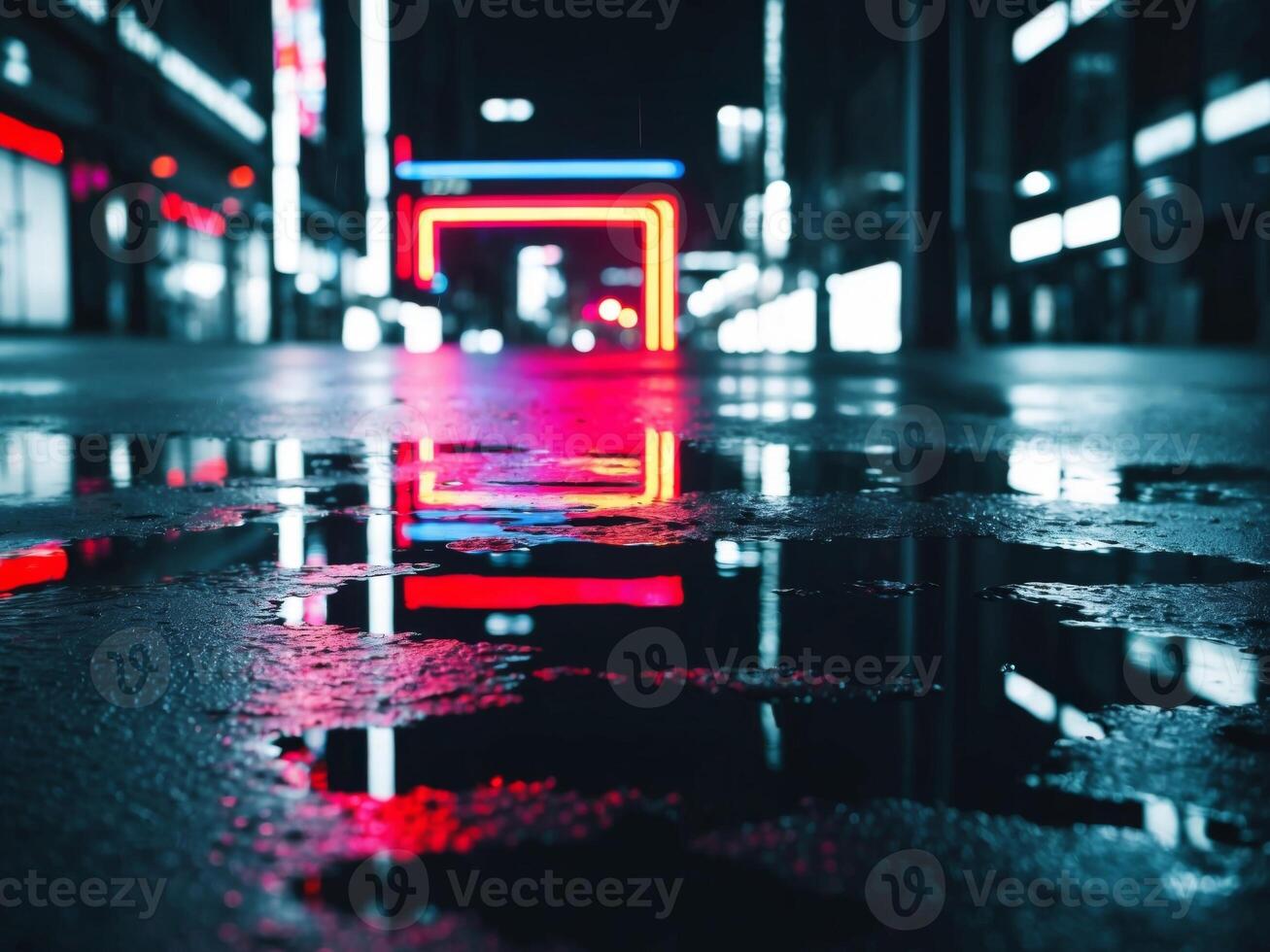 ein nass Straße beim Nacht mit Neon- Beleuchtung foto