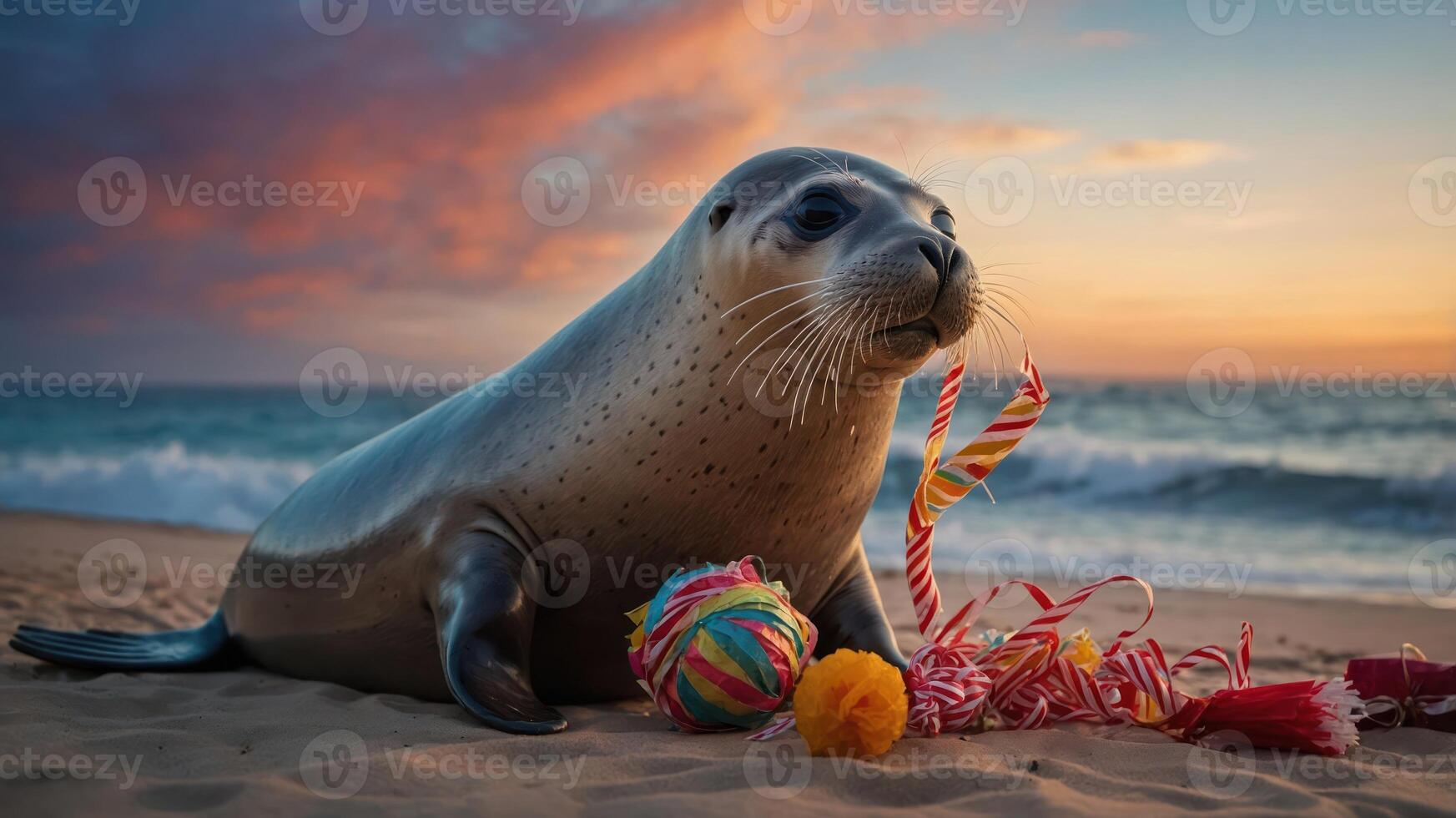 ein spielerisch Siegel auf das Strand mit bunt Spielzeuge beim Sonnenuntergang. foto