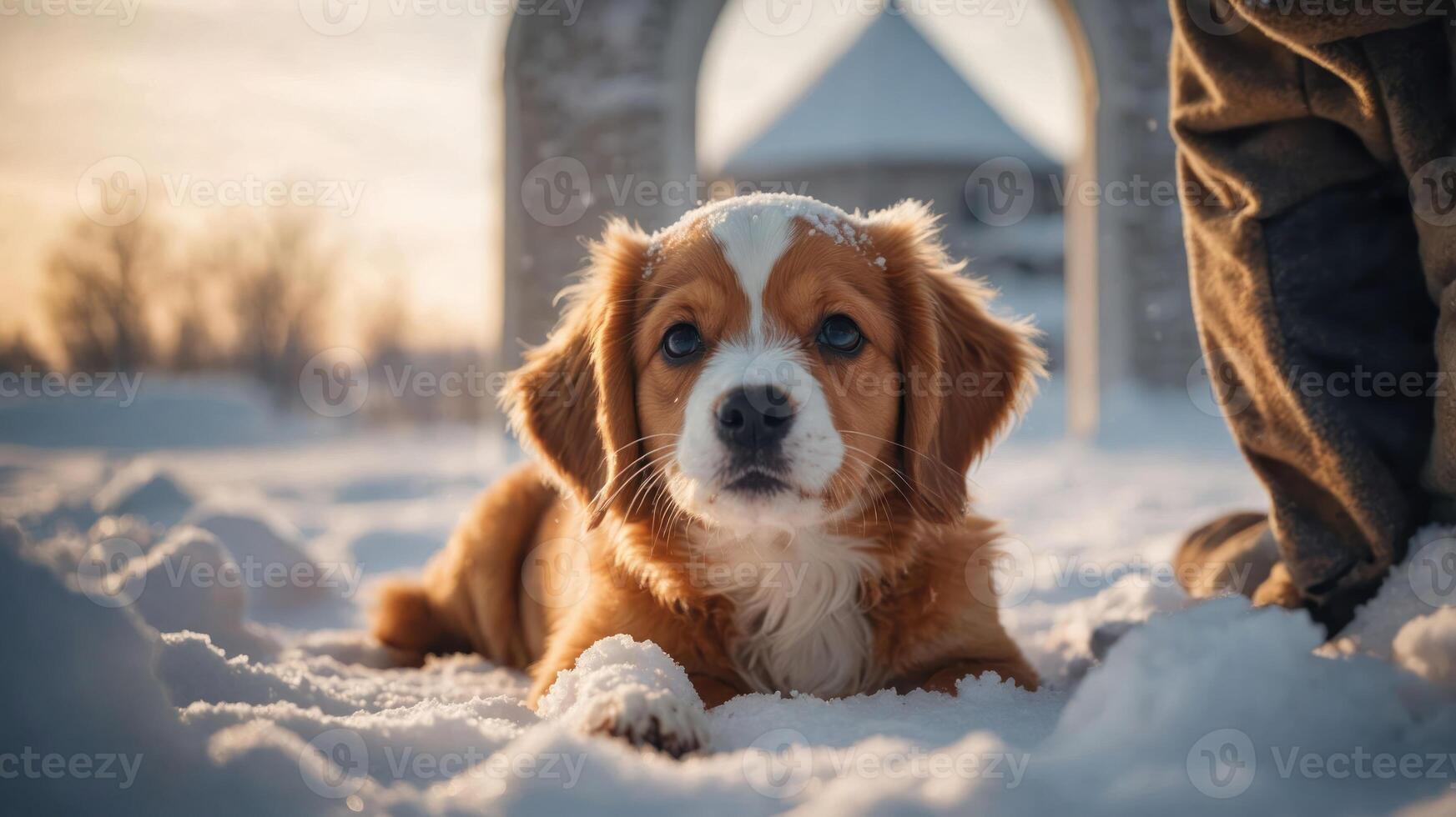 ein Hund Lügen im das Schnee mit ein szenisch Hintergrund während Sonnenuntergang. foto